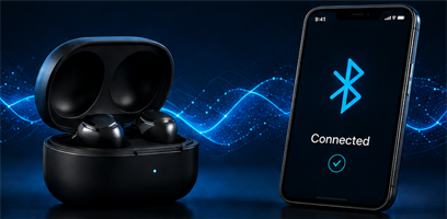 Wireless earbuds connected to a smartphone